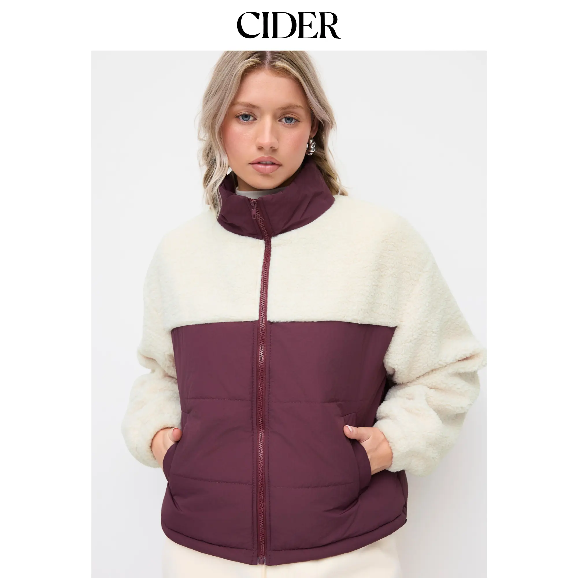 Cider Fleece Stand Collar Colorblock Faux Fur Trim Oversized Jacket