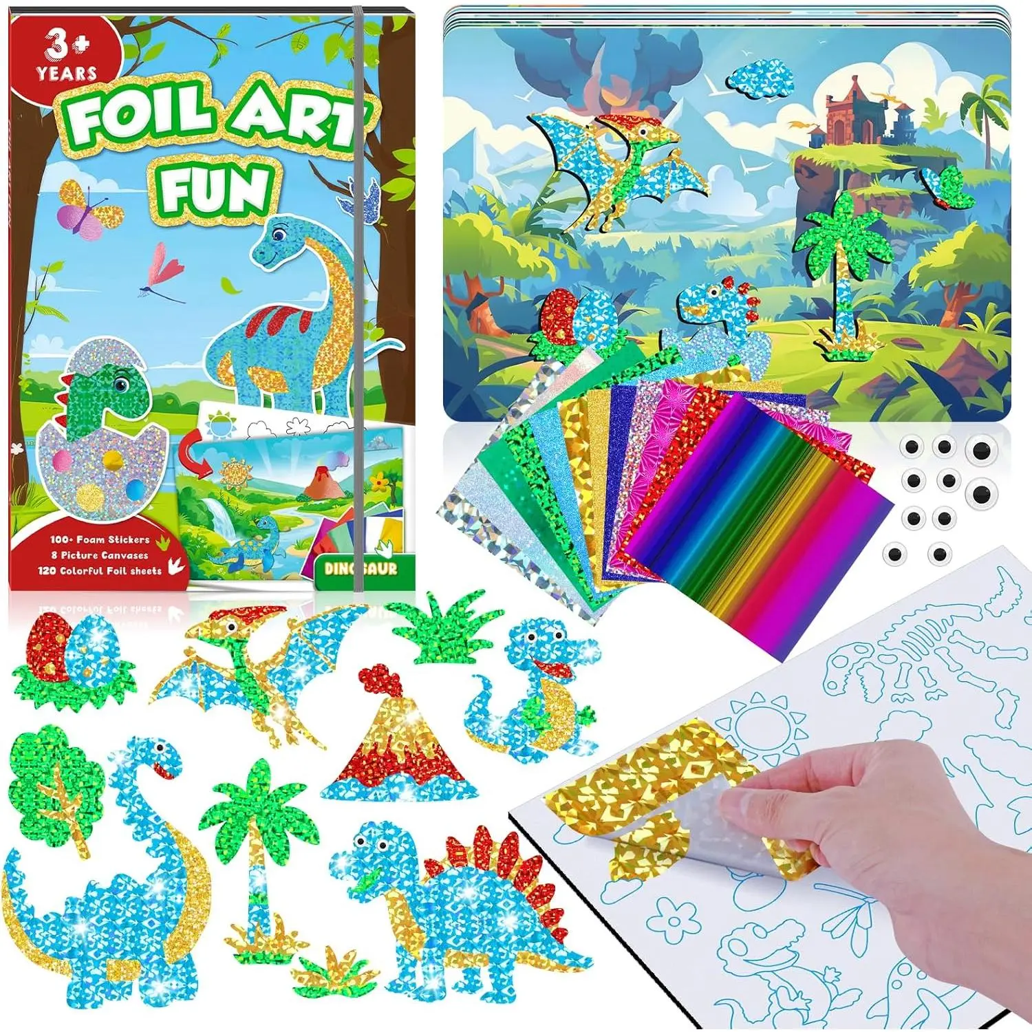 Kids' No-Mess Foil Fun Dinosaur Craft Kit - DIY Foam Stickers, Foil Sheets, Picture Canvases, Creative Play Activity, Travel Toy for 4-10 Year Olds, Gift with Insects & Volcanoes Themes