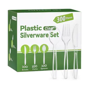 300 Count Heavy Duty Clear Plastic Silverware, 100 Plastic Forks, 100 Spoons, 100 Plastic Knives, BPA-Free Heat Resistant Disposable  Set Traditional