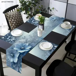 2D flat printing, 1 piece/4 pieces/6 pieces/5 pieces set/7 pieces set, floral blue and silver patterned table flag and placemat set, Kitchen Decorative Placemat, seasonal kitchen and dining table decoration, suitable for indoor and outdoor gatherings