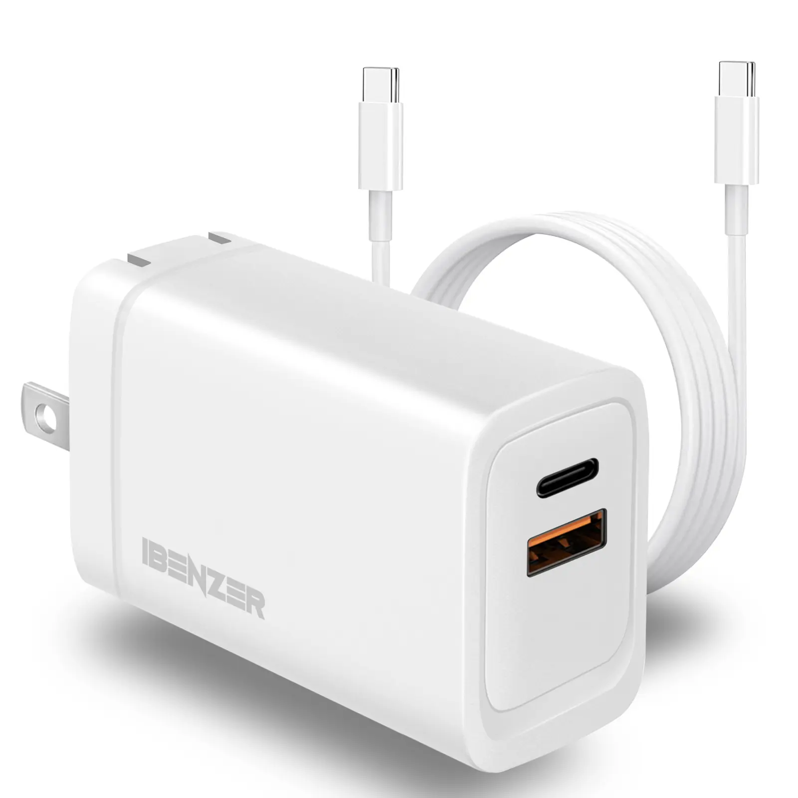 IBENZER USB C Fast Charger 65w PD 3.0, 2-Port Foldable Travel Wall Charger with USB-C Fast Charging Cord for iPhone 14/13/12, MacBook Pro/Air, iPad Pro, Switch, Galaxy S23/S22, Dell XPS 13, Steam Deck