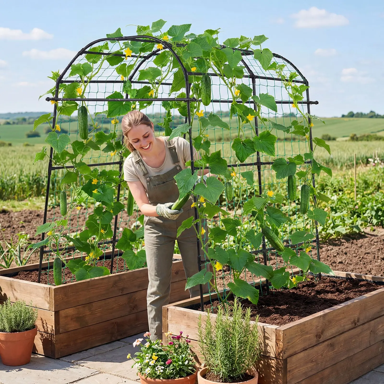 VEVOR Cucumber Trellis, U-Shape Garden Trellises for Raised Bed, Metal Arch Plant  Support for Vine, Climbing Plants Outdoor, Peas, Beans, Zucchini, Tomato,  Squash, Flower (70.87 x 44.09 x 82.99 in) - TikTok Shop