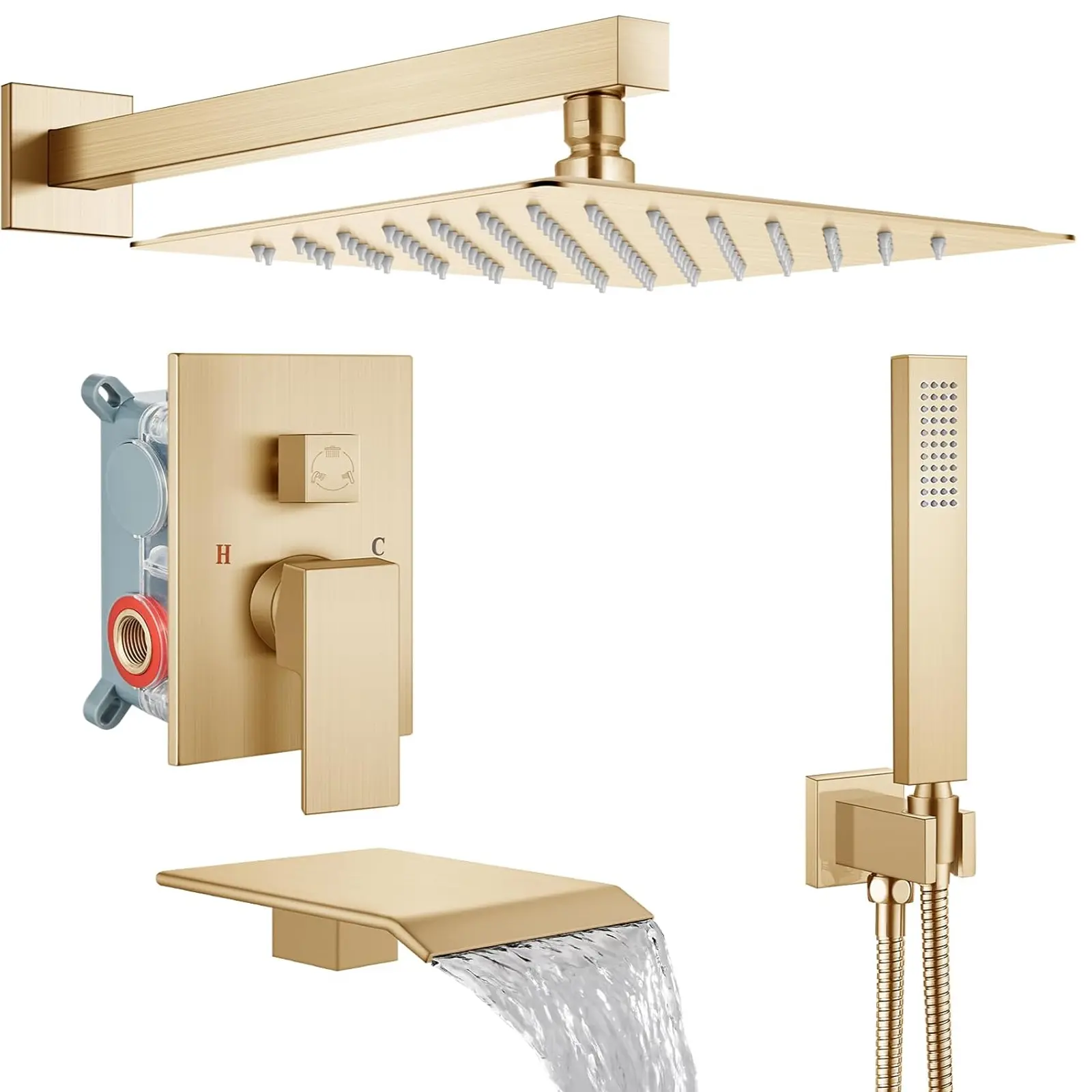 Bathroom 12 Inch Rain Shower System with Tub Spout, Wall Mounted 3-Function Shower Faucet Set with 59 Inch Handheld Shower, Brushed Gold Rainfall Shower Head Combo,Included Rough-in Valve Kit ,Black,Chrome,Brushed Nickel