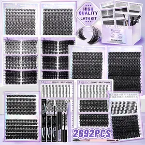 QUAFFLY Mega Lash Clusters Kit 2692Pcs, Includes Volume/Wispy/Spikes/Bottom Lashes, DIY At Home Lash Extension Kit with Lash Bond&Seal Remover Tweezer Dual-Ended Brush