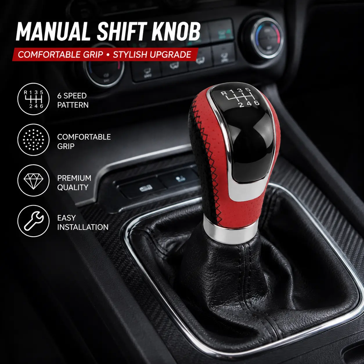 6-Speed Pattern Universal Ergonomic Replacement Shifter Knob, Automotive Racing-Style Manual Shift Knob with Enhanced Grip, Detailed Stitching, Glossy Black Top Panel, Red Black JDM Car Interior Accessory for Tuner Projects