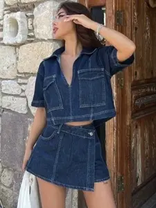 Women High Waist Mini JeanSkirts Skorts Blue Side Button Detail, Pocket Accents & Relaxed Fit Y2K Summer Casual Fashion Trends Women's Bottoms for Daily Looks, Beach Outfits, Boho Casual Skirts, Chic Elegant Skirt