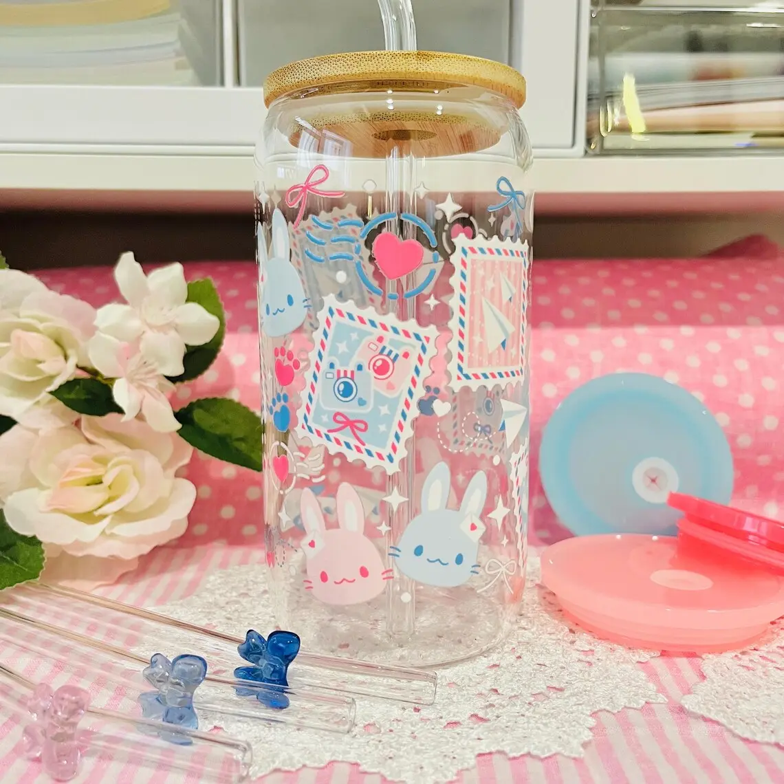 Airmail Bunnies Glass Tumbler Cup - Includes Bamboo Lid & Glass Straw