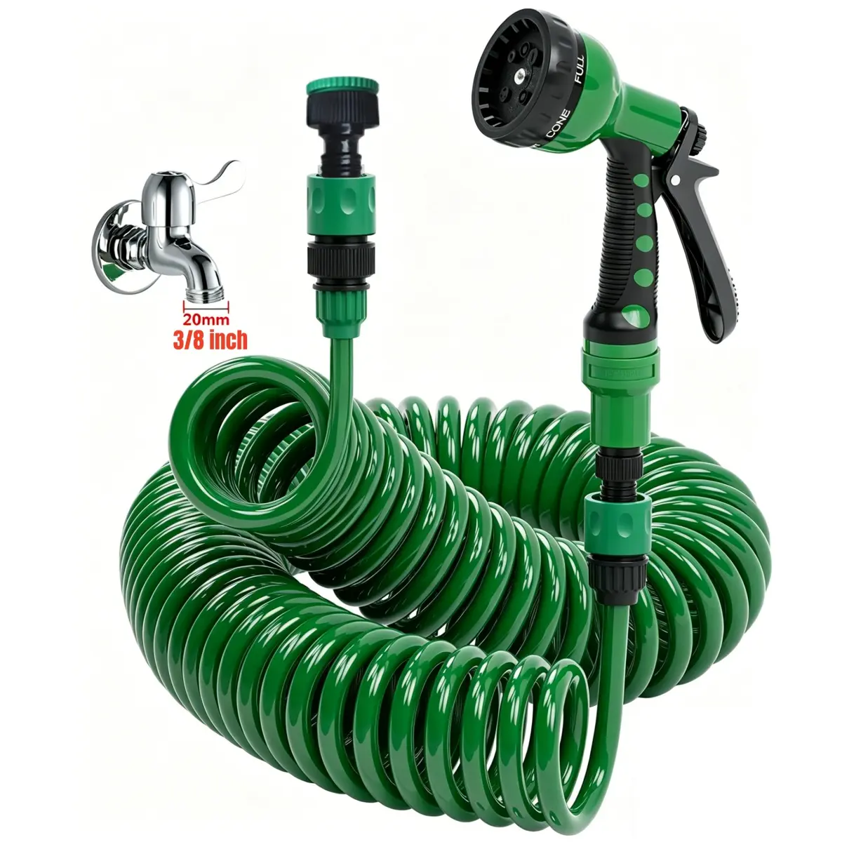 66 FT Lightweight Coil Garden Sprayer Hose 3/8", EVA Flexible Curly Water Pipes with 7-Pattern Spray Nozzle for Boat, Greenhouse, Yard, Patio, Car Washing, Green