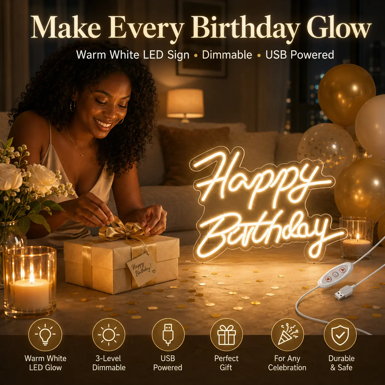 Warm White LED Sign Dimmable USB Powered Happy Birthday Glow for Any Celebration Durable Safe Perfect Gift