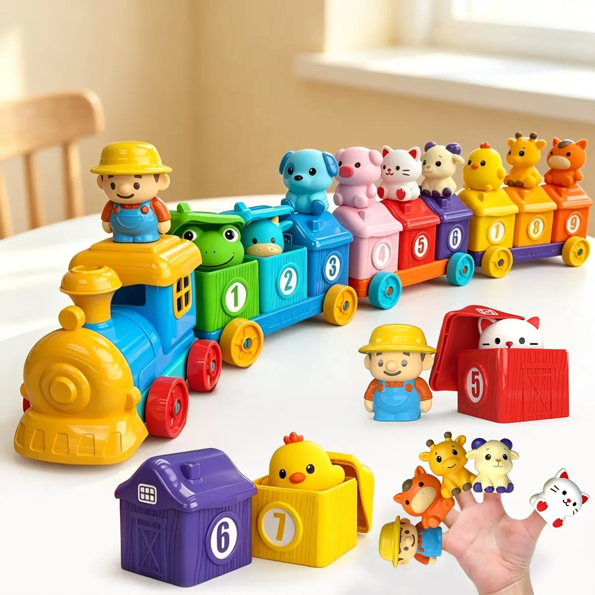 Montessori Farm Train Set for Kids, Magnetic Building Blocks, Locking Barn Toy with Animals, Birthday Gift for Boys Girls Ages 1-3, Counting