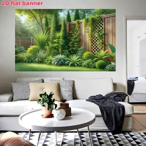 Lush Garden Background Banner with Wooden Fence and Climbing Plants, Polyester Wall Decor for Living Room, Bedroom, Office, Outdoor Parties