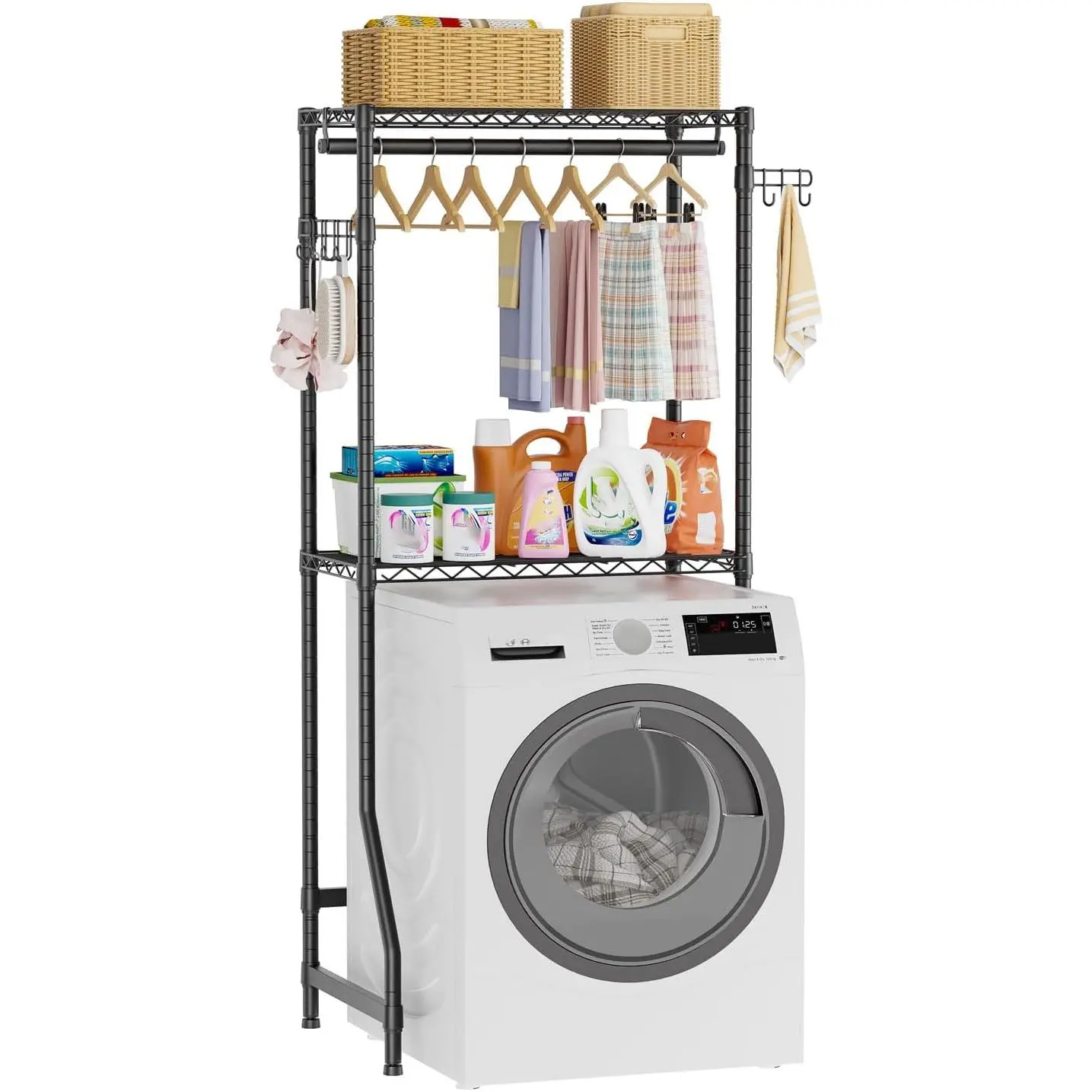 Over Washer and Dryer Shelves,2 Tier Adjustable Height Wire Shelving Laundry Room Storage Organization Clothes Drying Rack with Hanger Rod&Hooks,Space Saving Organizers Shelf,Black