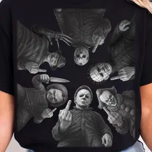 Spooky Halloween Tee, Funny Horror Characters Middle Fingers Tshirt, Retro Horror Halloween Shirt, Trendy Graphic