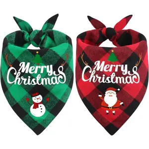 Vivifying Christmas Dog Bandanas, 2 Pack Small Classic Plaid Triangle Pet Scarf with Santa and Snowman Print, Holiday Costume for Small Size Dogs and Cats (Green&Red)