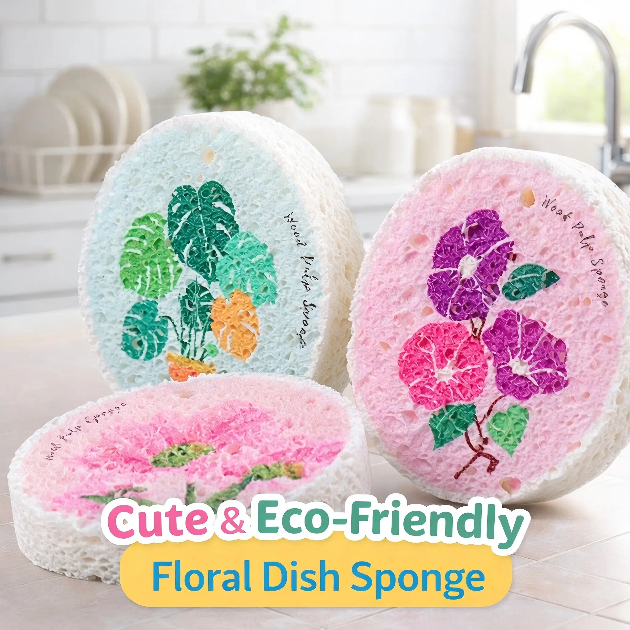 Luxury Eco-Friendly Wood Cellulose Floral Kitchen Sponge - Absorbent Foam Wipe, Soap-Compatible Flower-Printed Scrubber, Cleaning Tool for Dishes (N2)