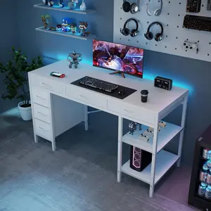 55" Wide Gaming Desk with 6 Storage Drawers, Ergonomic Computer Desk for Home Office, Adjustable Shelf PC Tower Stand, Durable 250 lbs Capacity Work Table