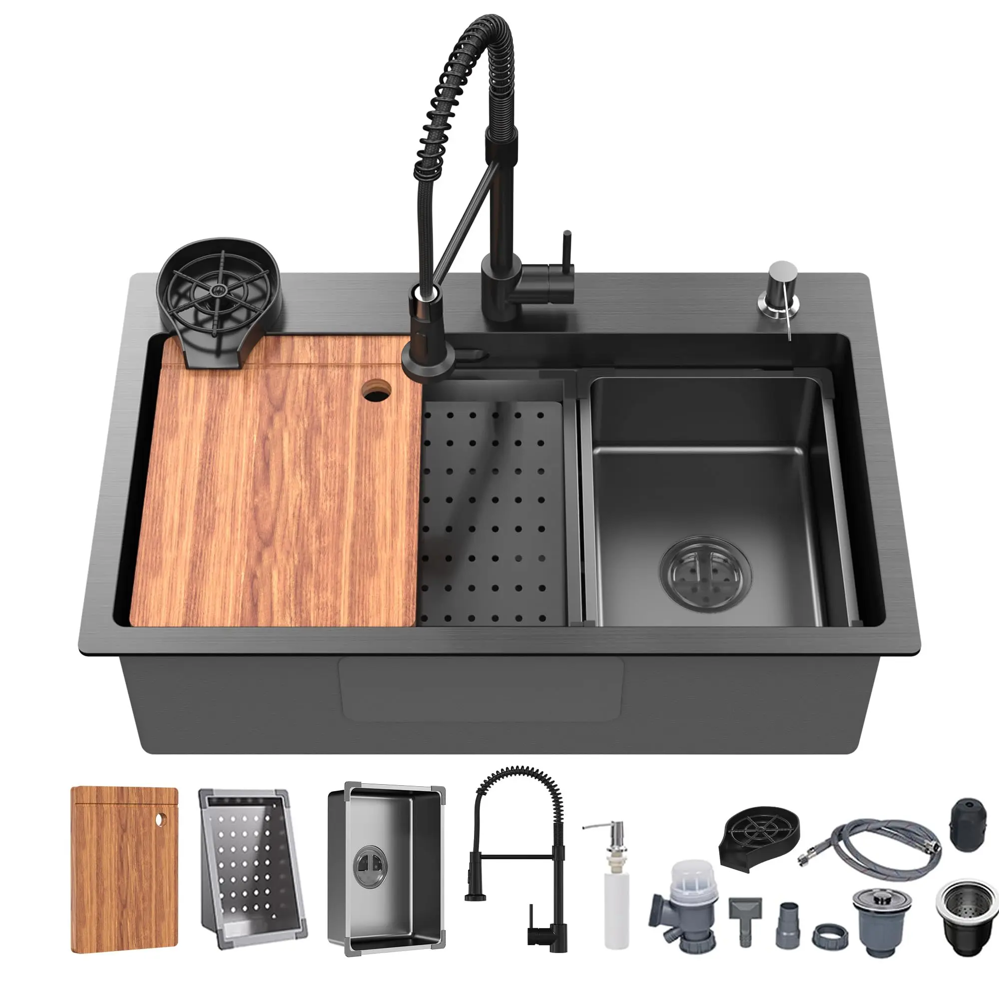 29.5 x 17.7 inch Kitchen Sink, Single Bowl Stainless Steel Sink Multifunctional Drop In Sink Workstation Sink with Pull-Down Faucet and Multiple Accessories (Black Grey) Modern