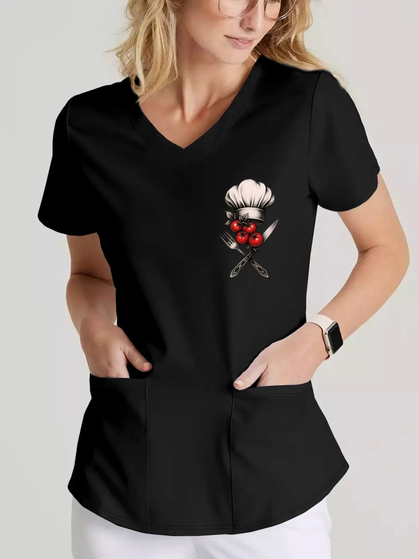 V-Neck T-Shirt, Chef Hat, Tomato Print V-Neck Top