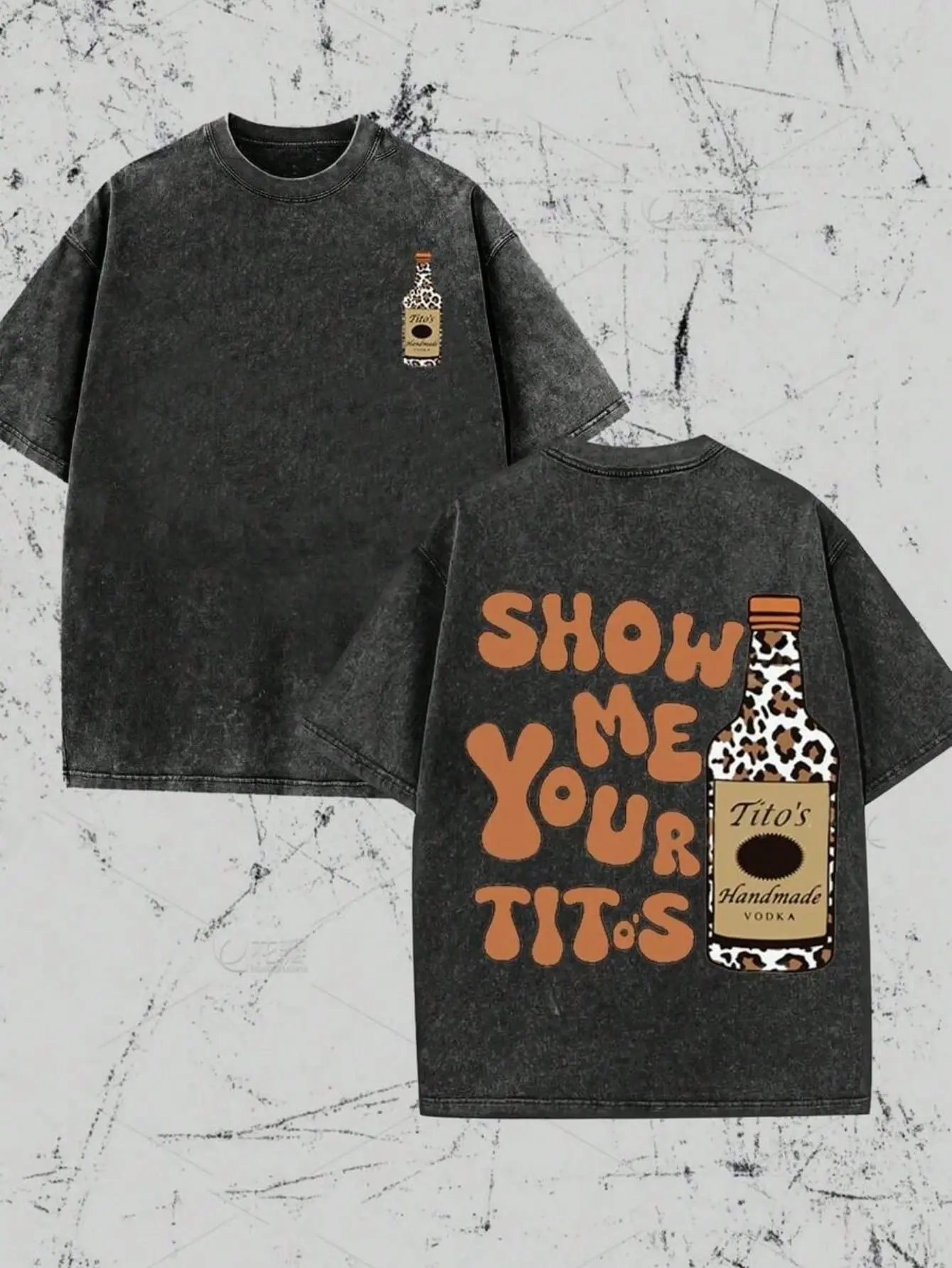 Retro streetwear T-shirt, double-sided printed with humorous text about Tito Vodka and leopard pattern. Loose and casual men's shirt, made of soft and durable fabric. Perfect for daily wear, Father's Day and as a gift for festivals.