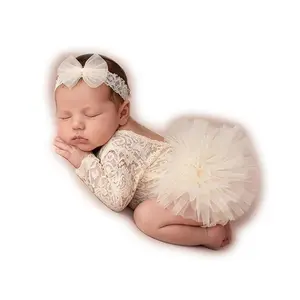 Newborn Photography Outfits Girl, Baby Girl Photoshoot Props, Newborn Lace Romper with Headband for Photo, Tutu