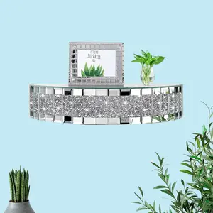 1Pc Semicircular Mirrored Floating, Wall Mountable Shelves for Wall Decor Storage, Crystal Crush Diamond Decorative Wall Shelf, Glitter Glass Wall Mounted Shelves for Bedroom, Living Room, Bathroom, Kitchen, Silver