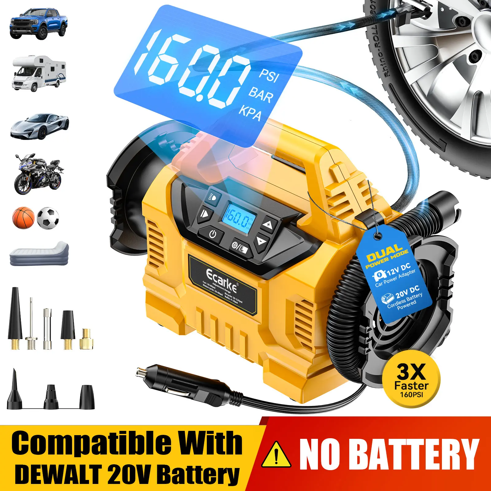 Cordless Tire Inflator-Deflator Compatible with DeWalt 20V Battery ,【Battery NOT Included】, 3X Faster 160 PSI Air Compressor Pump, 12V Car Adapter, LCD Digital Gauge for Cars, Air Mattresses