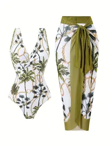 2026 Summer White & Green Printed Swim Dress Set – White Printed One-Piece Swimsuit with Sarong Wrap Skirt, V-Neck Twist Front Design, Elegant Two-Piece Swimwear for Summer Vibes