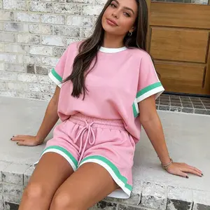 Women's 2 Piece Casual Loungewear Set Striped Trim Tee Shirt and Drawstring Shorts with Pockets Matching Summer Tracksuit Outfit, 2 Piece Sets Women, Two Piece Sets