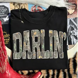 Retro Camo Western T-Shirt, darlin Retro Camo Country Distressed Cowboy Quote, Camouflage Shirt, Western Concert Shirt, Southern Tee,Unisex Graphic Casual Short Sleeve Crew Neck,Shirt for Men & Women, Gift for Her and Him Unisex T-shirt For Man And Woman