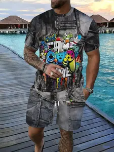 Men's Casual Fashion Set, Short Sleeve Denim Look & Colorful Graffiti Pattern, Shorts Patchwork, Perfect for Travel