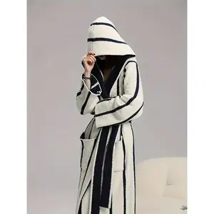 Women's Plush Fleece Hooded Robe - Winter Warm Double-Sided Thickened Bathrobe with Hood, Red & White Striped Full-Length Kimono, High Elasticity Machine Washable Pajamas for & s (Bohemian Style)