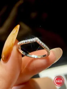 S925 Sterling Silver Fashion V-shaped Artificial Zircon Decor Ring, Luxury Jewelry for Women, Elegant Engagement Ring, Trendy All-match & Exquisite Jewelry for Birthday Gift, Fashion Promise Ring