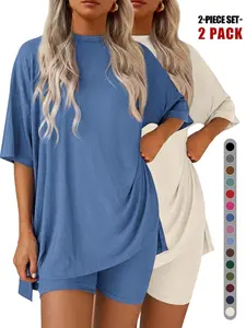 Women's Solid Color Tee & Skinny Shorts Loungewear Set, Comfortable Round Neck T-Shirt & Shorts, Perfect for Summer Sleepwear