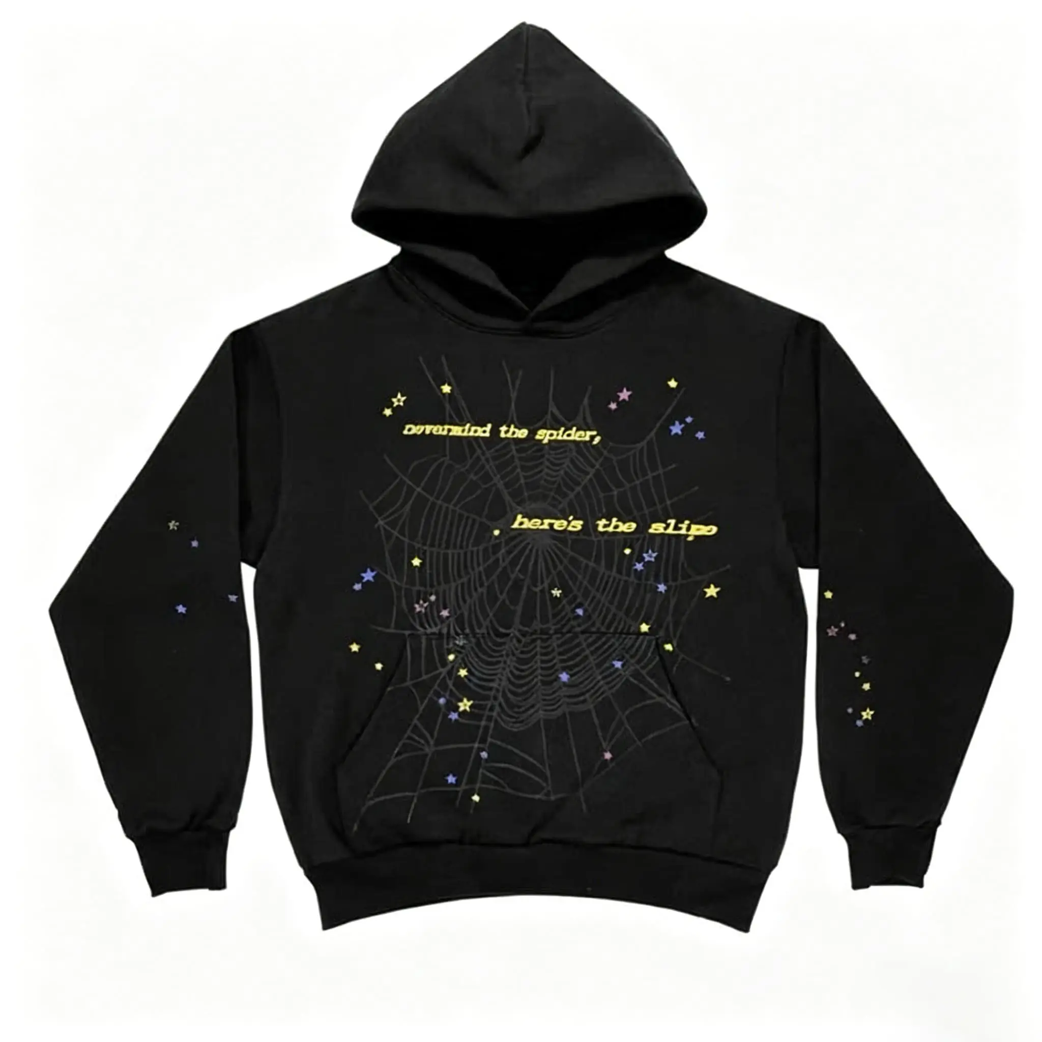 Men's Fitted Graphic Hooded Sweatshirt - Spider Web Pattern, Letter Print, Colorful Stars, Street Punk Style, Fall & Winter Casual Hoodie