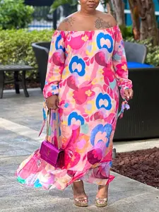 Plus Size Women's Floral Dress, Shoulderless Design Summer Vacation Long Dress, Casual Wear Romantic Elegance Essential, Print