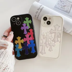 Suitable for iPhone 15/14/13/12/11 environmentally friendly leather cross silicone phone cases, iPhone 15 ProMax rainbow cross anti fall male and female phone cases