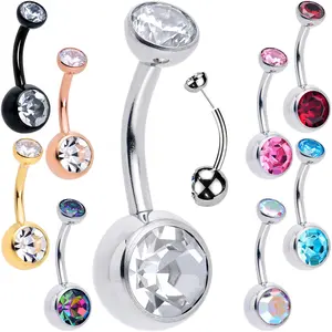 Double CZ Implant Grade Titanium Threadless Bezel Push In Belly Ring