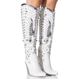 Rhinestone Cowboy Boots for Women Eagle Parttern Cowgirl Boots Chunky Heel Knee High Western Long Boots