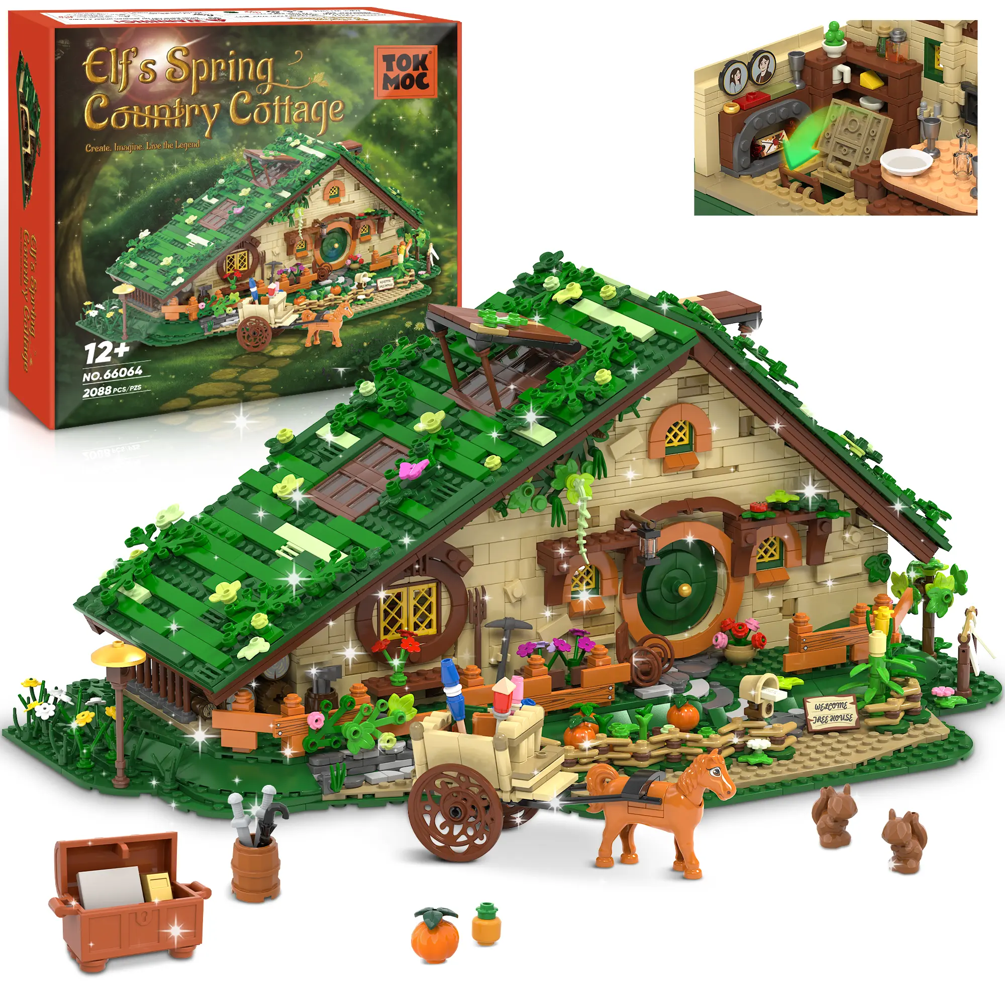 TOKMOC 2088-Piece Medieval Fantasy A-Frame Cabin Building Blocks Set, ABS Plastic Architecture Tree House with Interior Detailing, Garden, Collectibles, House Decoration, Creative Gift for Ages 12+