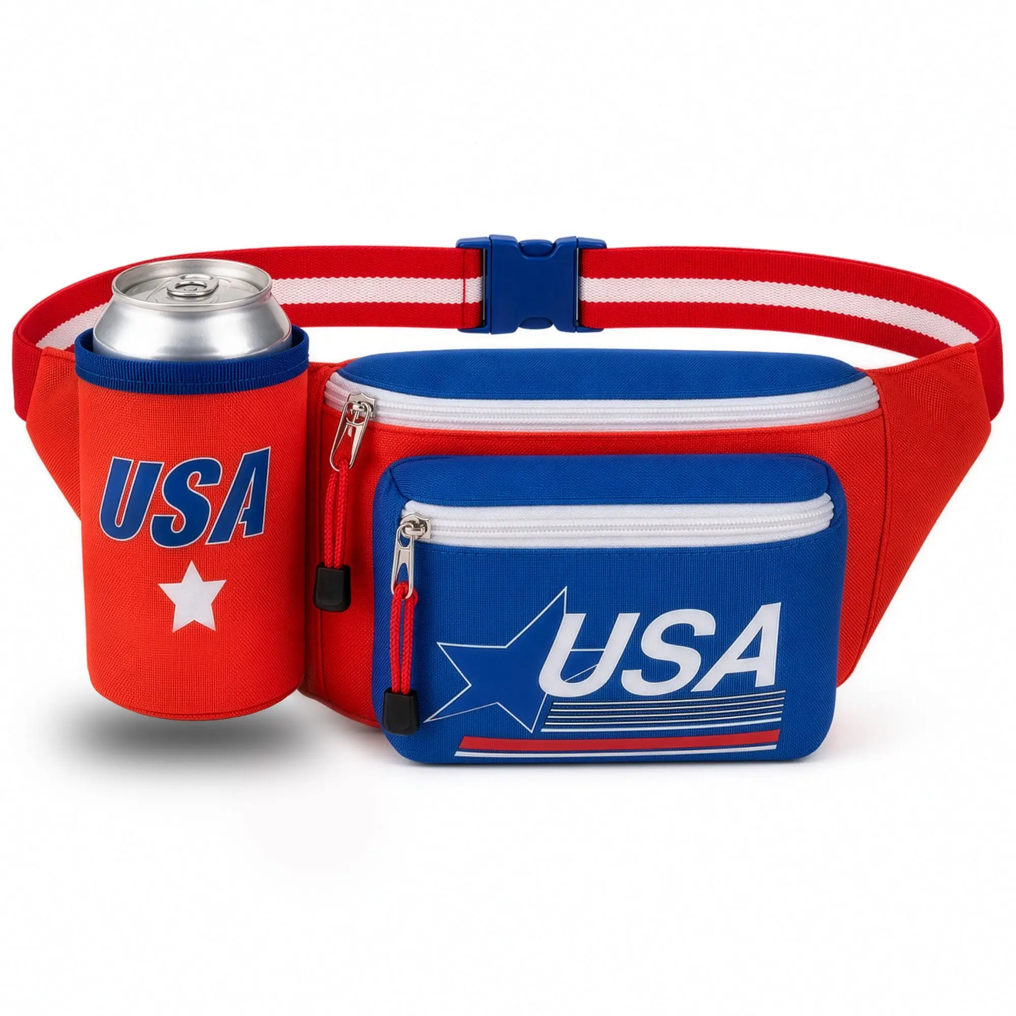 Men's American Flag Fanny Pack, a Patriotic Multi-Compartment Waist Pack with Beer Bottle Holder for Festivals & Holiday Parties, Hands-Free, Adjustable