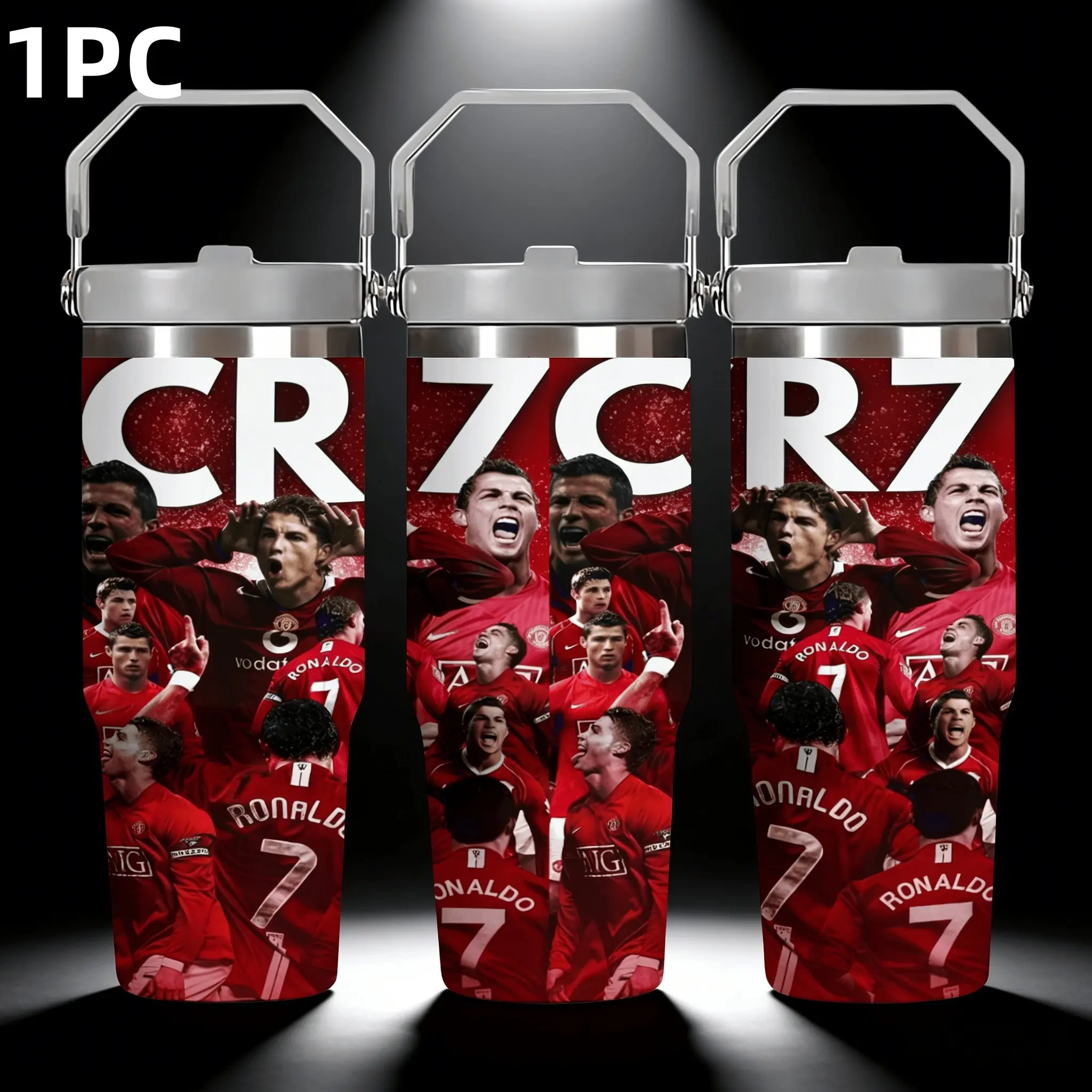 1pc 30oz CR7 Manchester United era-themed stainless steel thermal insulated cup with handle and straw, Kitchenware Drinkware Tumbler, Insulation. Perfect for sports fans. Vacuum Insulated Tumbler