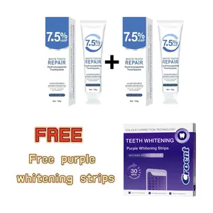7.5% hydroxyapatite toothpaste combo pack, free purple teeth whitening strips, tooth whitening strips, purple teeth whitening, non-sensitive teeth whitening, safely protects tooth enamel, removes stains, does not contain peroxide.