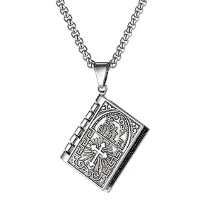 Mens Bible Pendant Necklace: Holy Jesus Religious Book Pendant Punk Cross Prayer Necklace Gifts for Father Husband Boyfriend