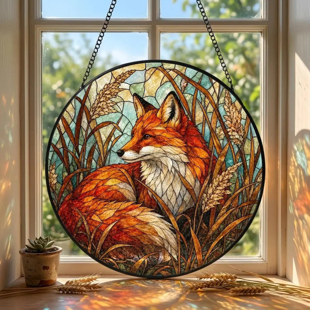 Stained Glass Fox Suncatcher,Forest Animal Window Hanging, Nature Lover Gift