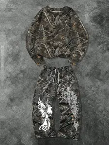 Men Women Camo Set Fashion Street Style Jungle Print Hoodie & Long Pants, Casual Loose Fit Spring Fall, Versatile Camouflage Clothing