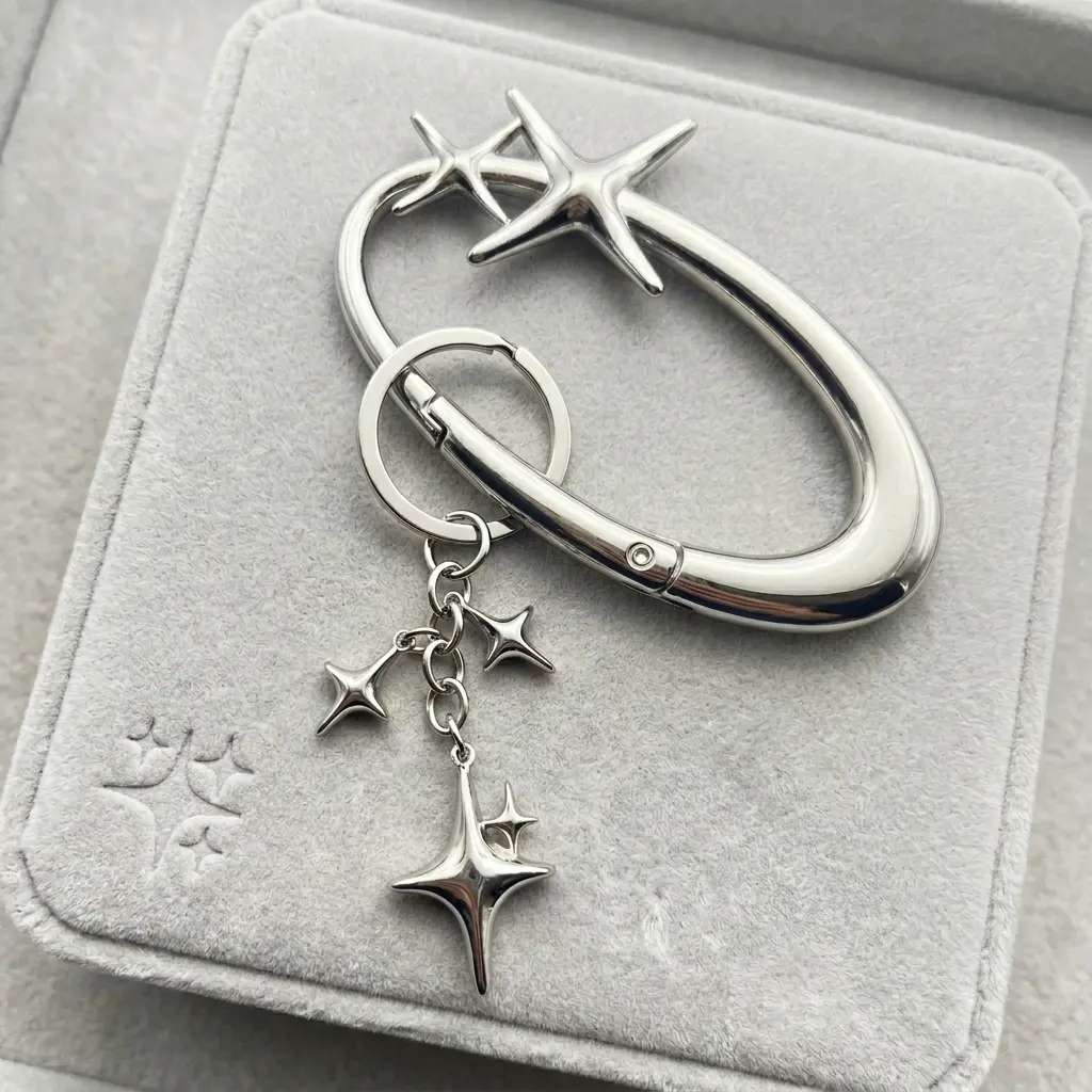 Y2K 4-Pointed Star Metal Carabiner Keychain - Silver Oval Spring-Clip Key Ring with Multi-Star Dangle Charms, Aesthetic Bag Pendant for Backpacks for School, Handbag Fashion Accessories