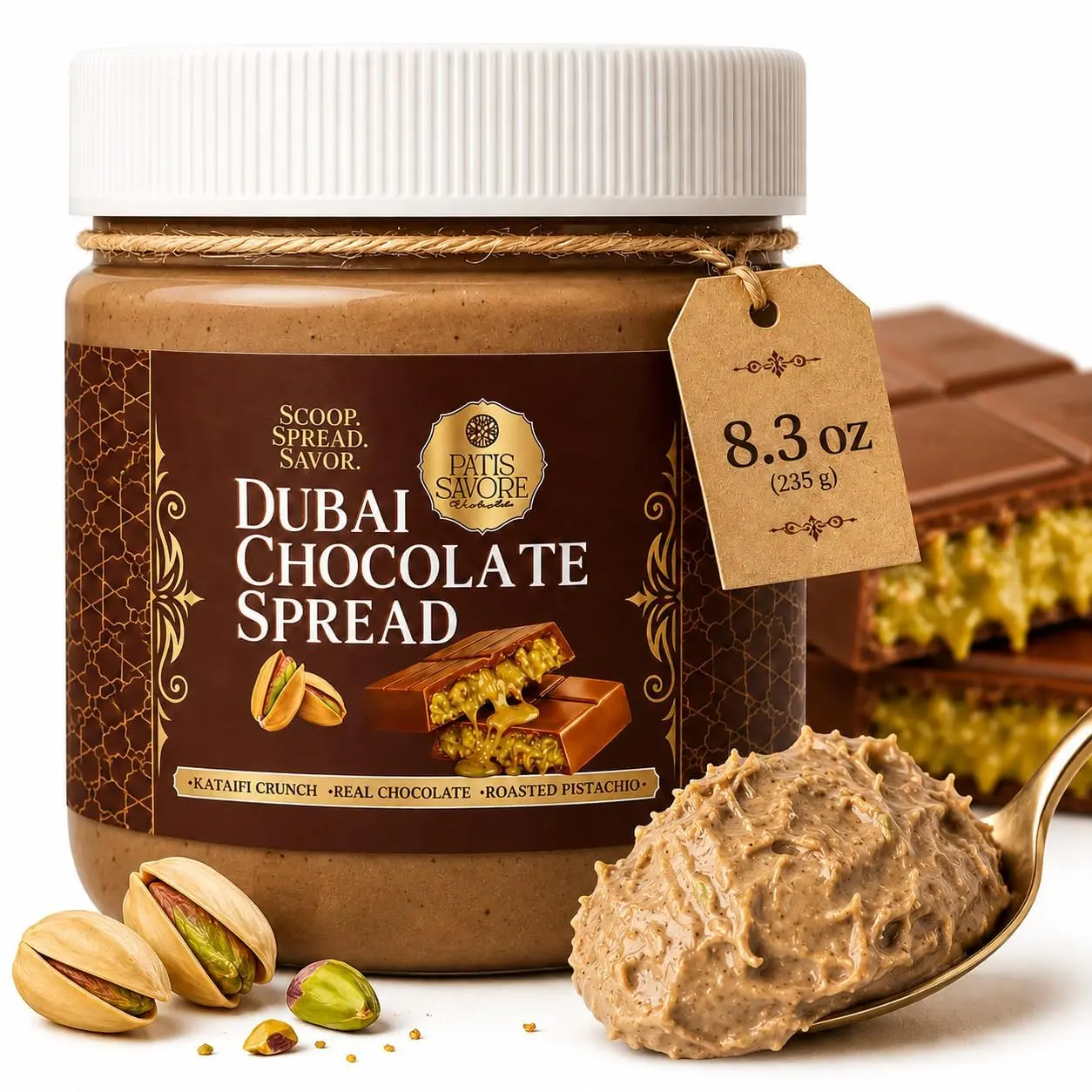 Dubai Chocolate Spread with Pistachio Cream & Kataifi, 8.3 oz | Perfect on ice cream, waffles, pancakes, fruit, toast, croissants, or straight from the jar by the spoonful.