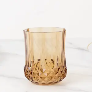 6-Pack Amber Gold Plastic Stemless Wine Glasses 8oz, Crystal Cut Style - Shatterproof Reusable Whiskey Cups