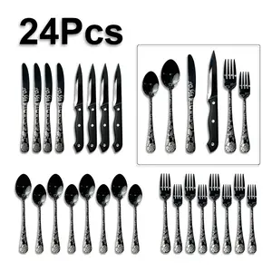 Black Laser-Textured Dinnerware Set, 24-Piece Stainless Steel Flatware Set for 4 People, Knives, Forks, Spoons, Soup Ladle, Fruit Fork, Serrated Steak Knife, Suitable for Hotels, Parties, Home Use, Camping, Gift Idea, Dishwasher Safe