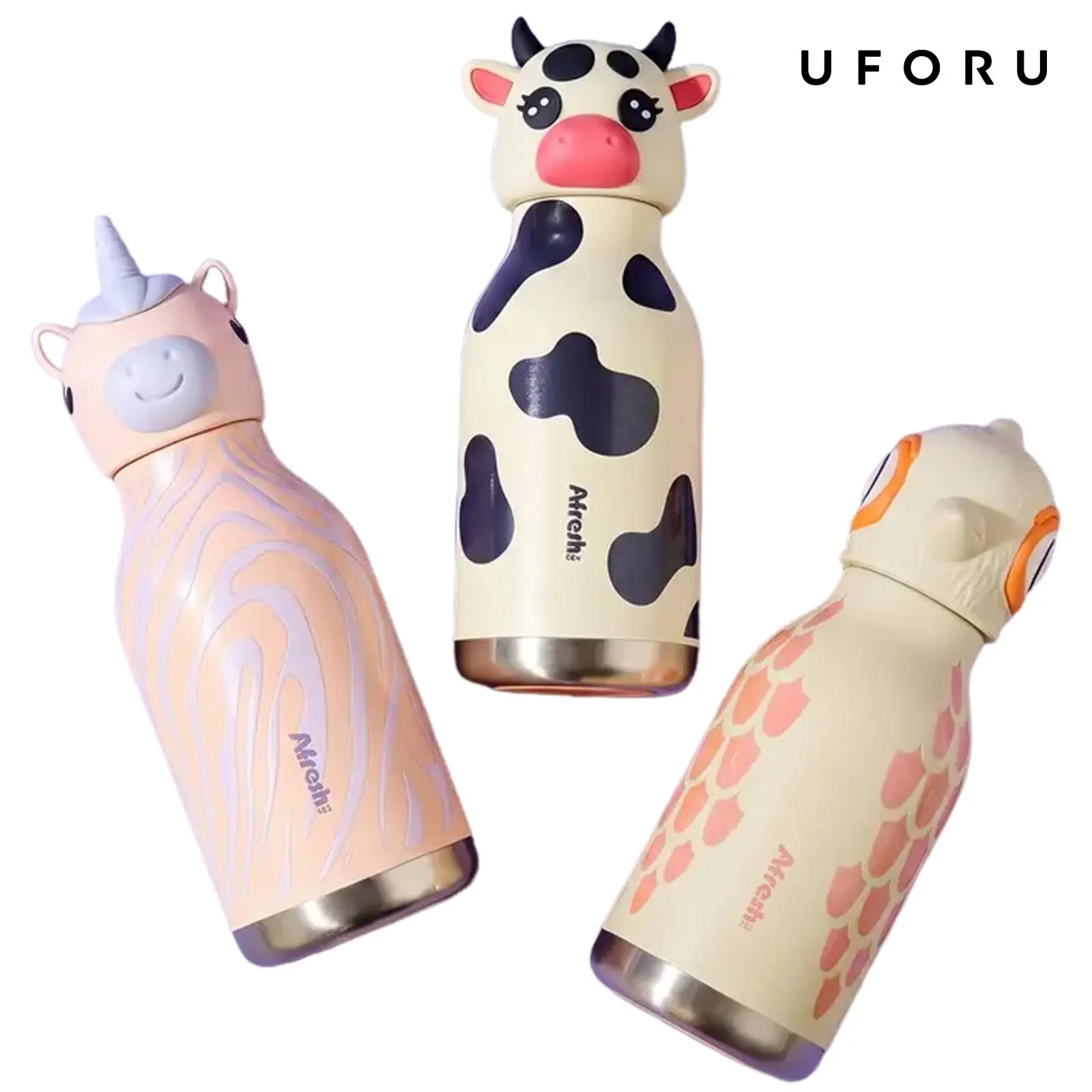 UFORU Cute Animal Insulated Water Bottle Cold Cup, Children's Cartoon Stainless Steel Straw Insulated Bottle, Leak proof Vacuum Bottle, Suitable for School, Travel and Outdoor, Unicorn/Cow/Chick Design#SummerWins#DFYD